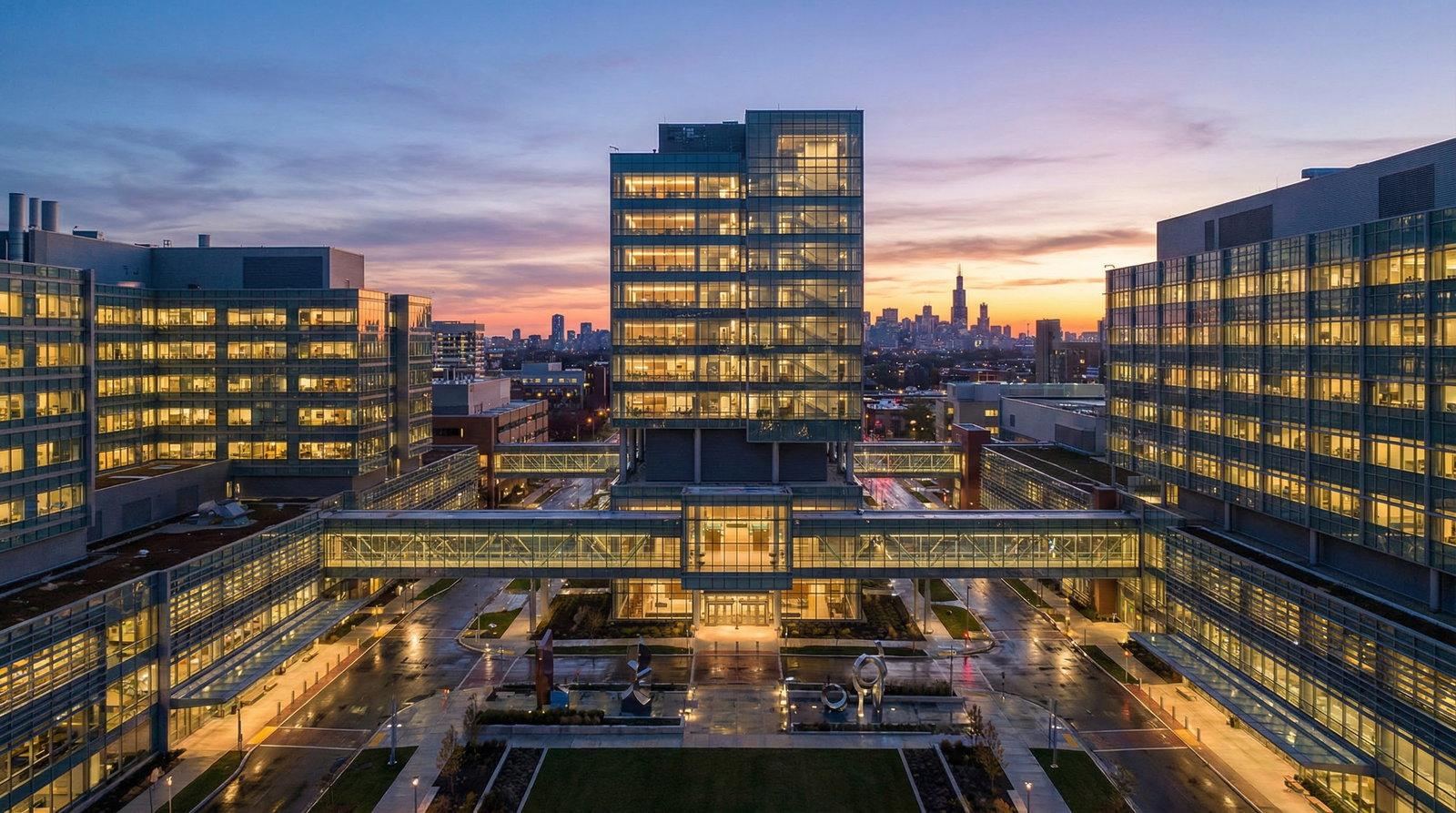 Healthcare buildings connected by walkways